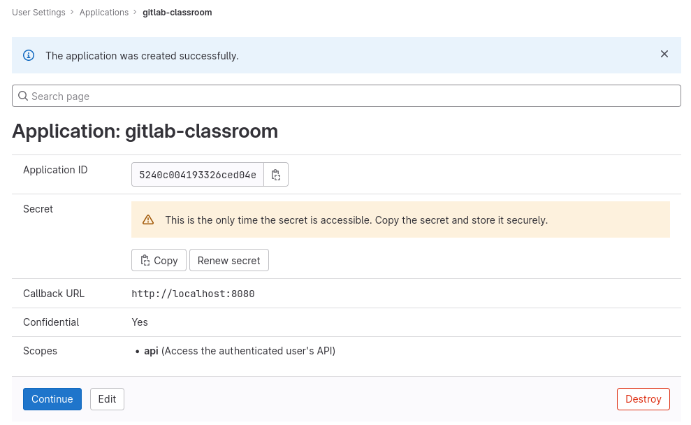 GitLab Created Application page with Application ID and Secret