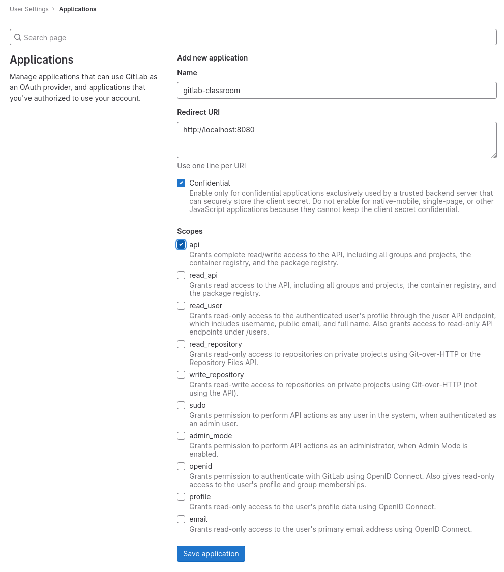 GitLab Create Application page