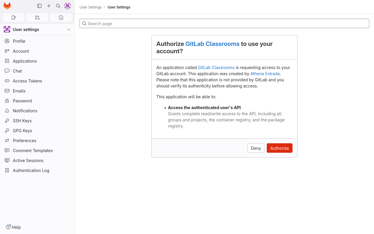 GitLab authorization page