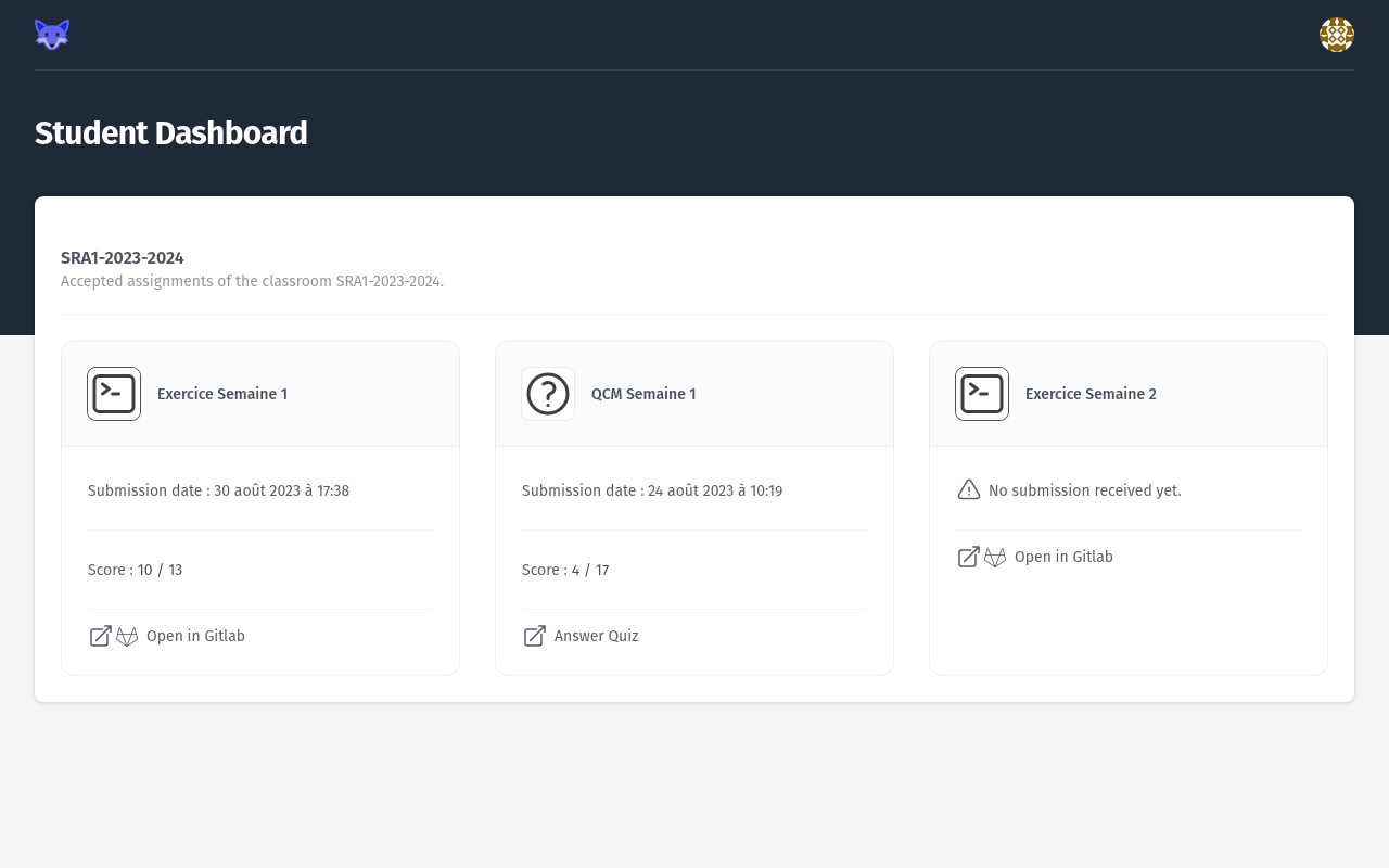 Student Dashboard with a Quiz Assignment and Exercise Assignment Scored