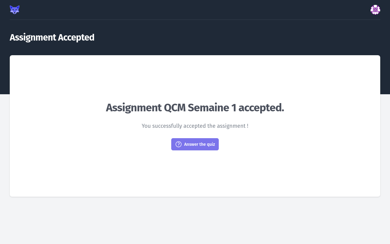 Accept Quiz Assignment confirmation page