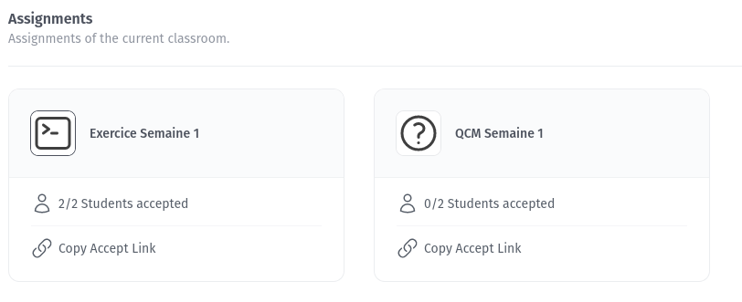 The Assignment list for a Classroom