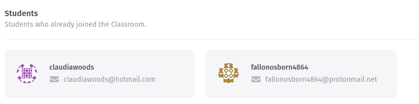 The Student list for a Classroom