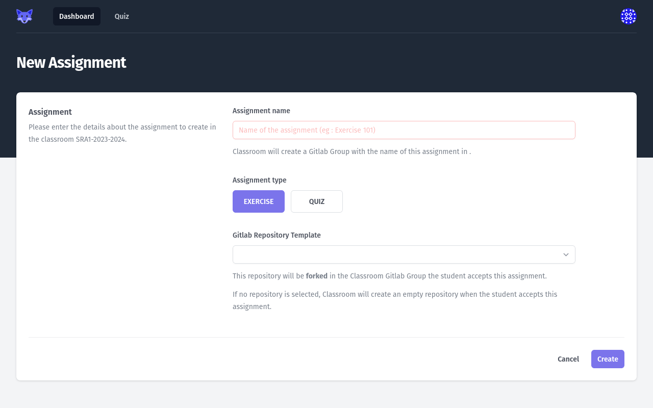 Create Assigment Page