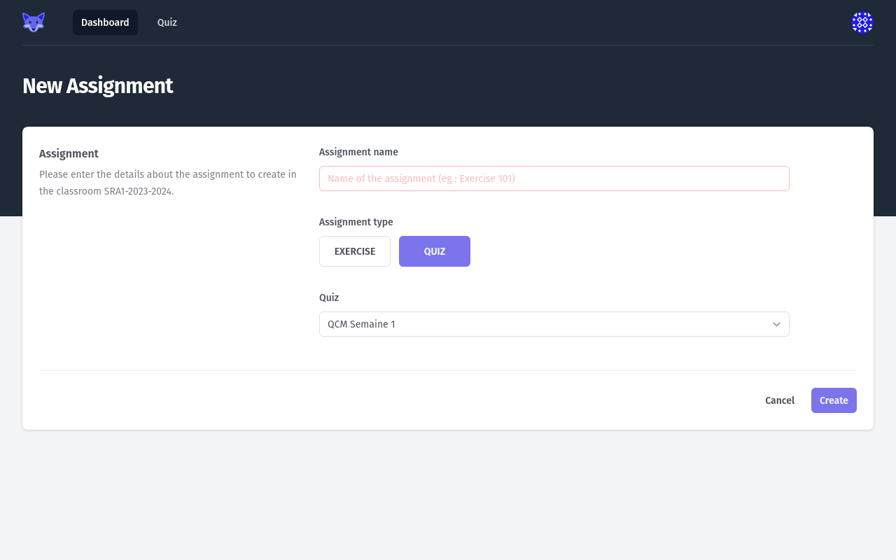Create Quiz Assignment Page